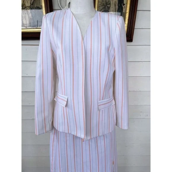 Vintage 1970s White Peach Striped Skirt Suit - Picture 7 of 16